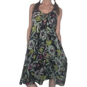 Vintage 90's Y2K Babydoll Dress Sz L Cotton Midi Dark Floral Fairy Whimsigoth